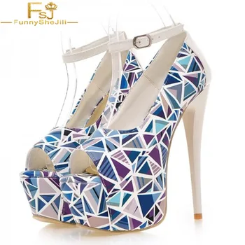 

Women Shoes Ladies Pump Light Blue Ankle Strap Heels Geometric Peep Toe Platform 2020 Spring Autumn Plus Size Shoes41 42 43