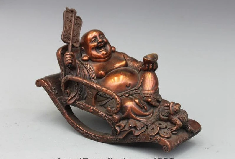 

Tibet Buddhism Red Bronze Happy Laugh YuanBao Toad sleep Maitreya Buddha Statue a 0518