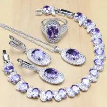 925 серебряные свадебные комплекты ювелирных изделий фиолетовые циркониевые белые с фианитом украшение бисером для женские сережки с подвесками/кулоном/necklace ем/кольцом/браслетом
