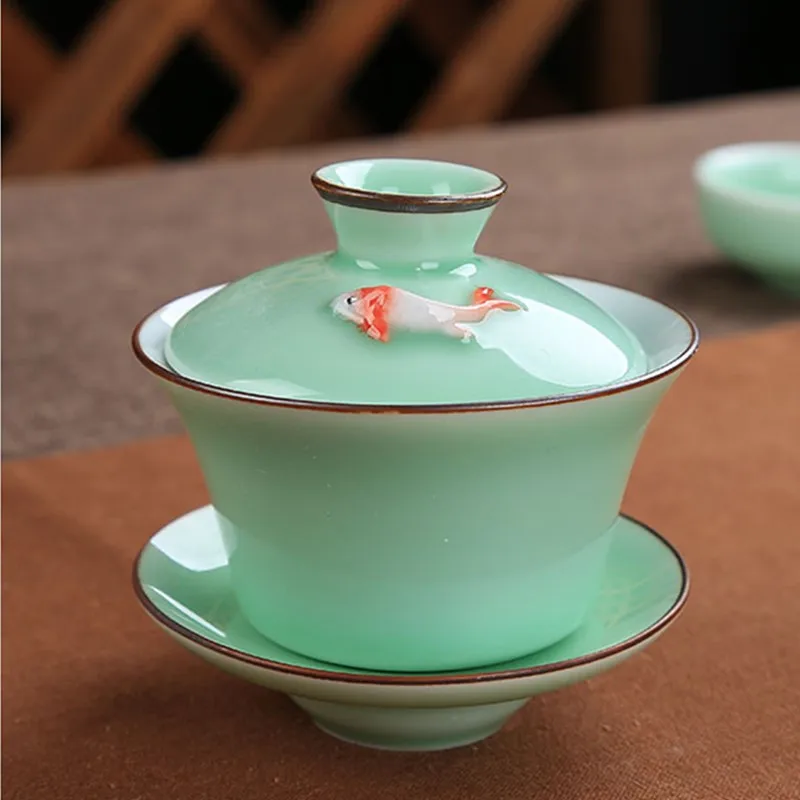 Celadon Gaiwan teaset kungfu tea bowl of jingdezhen blue and white porcelain tea glass ceramic white porcelain three of the bowl