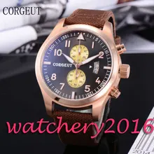 Luxury 46mm Corgeut black dial rose golden plated bezel Date adjust Brown strap Newest quartz Mechancial