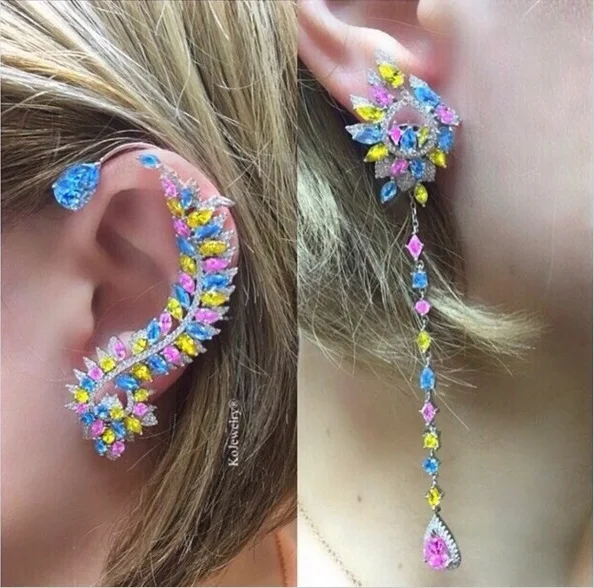 YoGe EP15396 LUXURY 925 sterling silver colorful stone asymmetric ear
