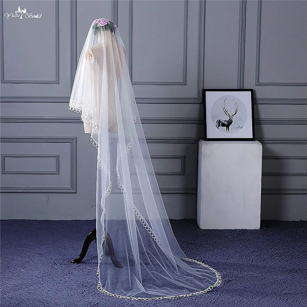 

RSV82 Real Pictures Yiaibridal Stock One Layer Lace Edged Wedding Veils Long