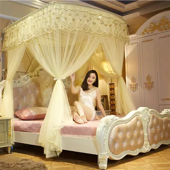 

{Byetee} Lace Three Door Bed Canopy with Stainless Steel Luxury Mosquito Net Bed Tent for Bedroom Canopy Beds Netting