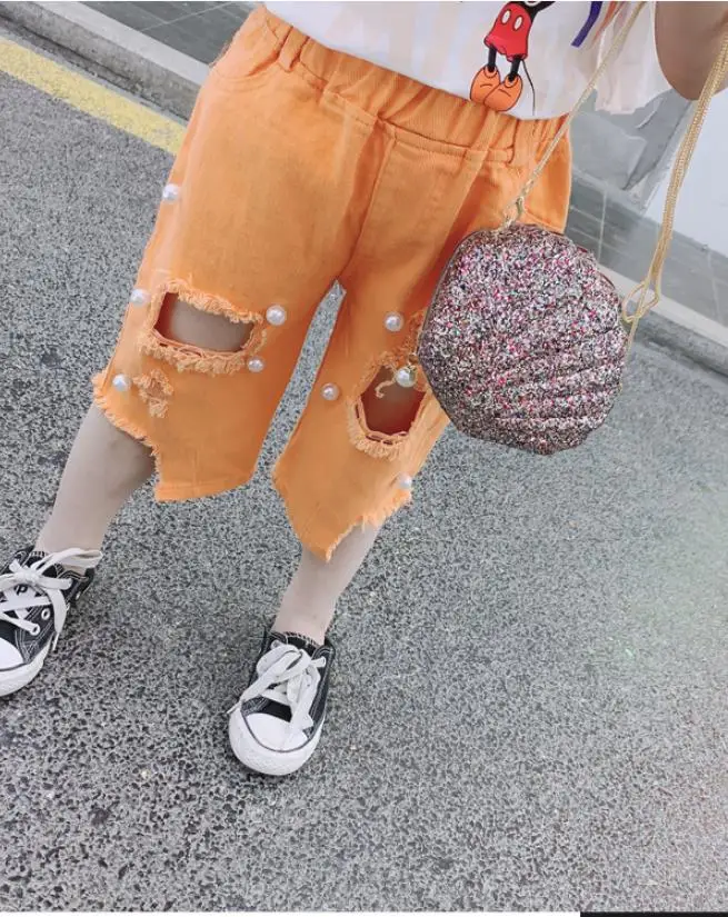 orange pearl Модные рваные джинсовые штаны с блестками и жемчугом новые летние укороченные брюки для маленьких девочек свободные штаны с эластичной резинкой на талии детская одежда ws521 - Цвет: orange pearl
