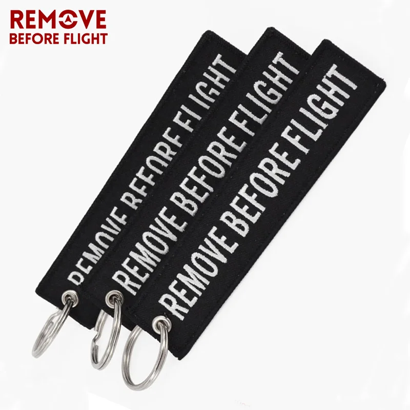 REMOVE BEFORE FLIGHT Keyings Special Luggage Tag Label Black Embroidery Key Ring Chain Aviation Gifts OEM Keychain Key Fobs Easy Reach (2)