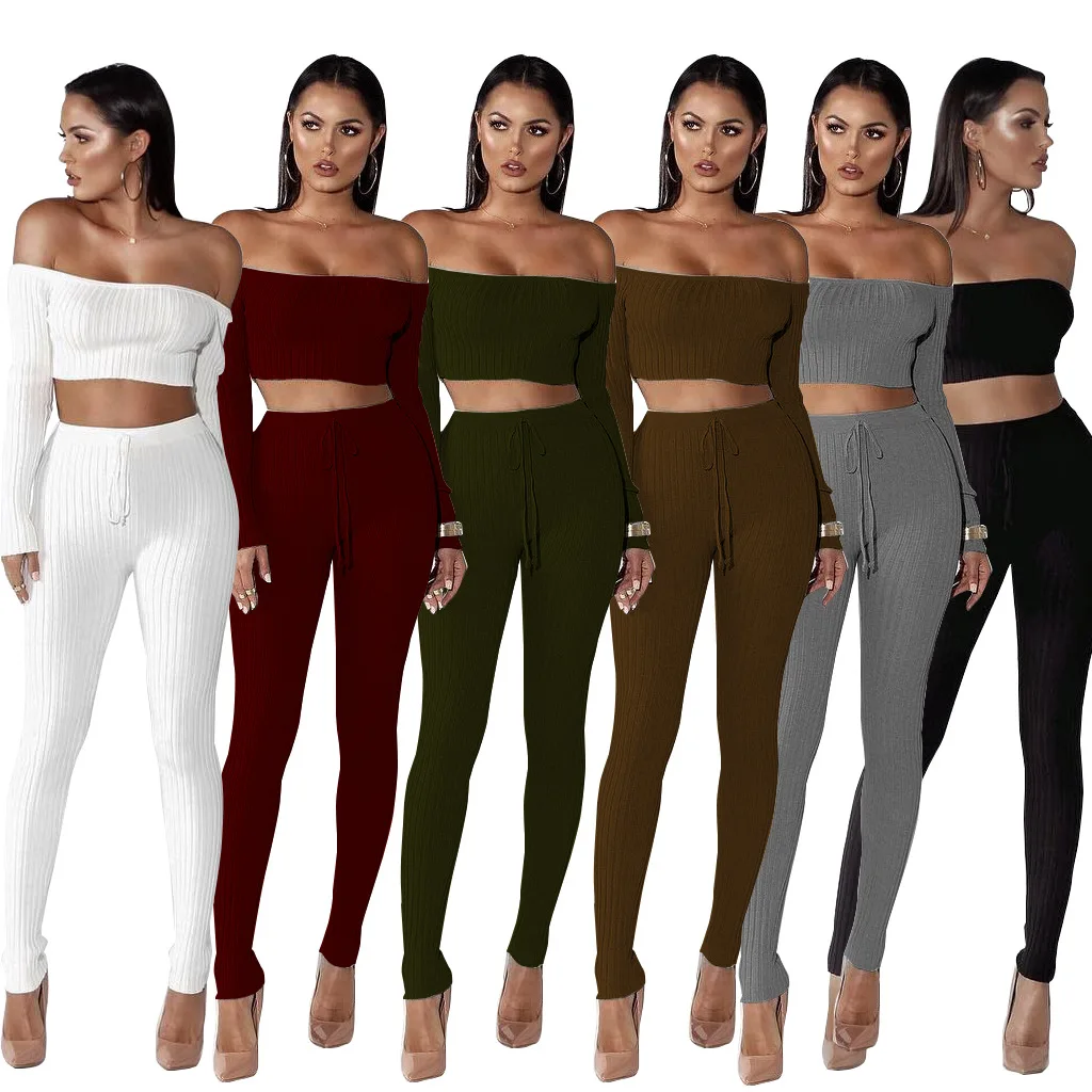 

2 piece set summer 2018 Women Exercise Suit off shoulder ensemble femme two piece set top and pants matching sets