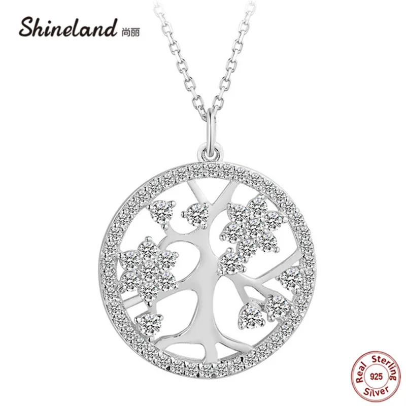 

Shineland Classic 925 Sterling Silver Tree of Life Round Shape CZ Pendant Necklaces for Women Fashion Party Jewelry collares