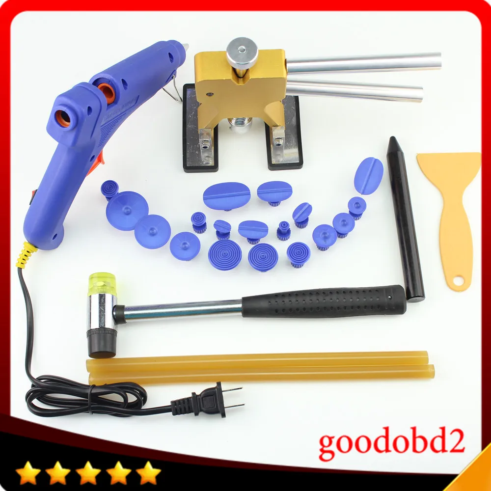 

PDR Paintless Dent Repair hand Tools set Dent Removal with 18X Puller Tabs Gold Lifter Rubber hammer +black Pen +100W Glue Gun