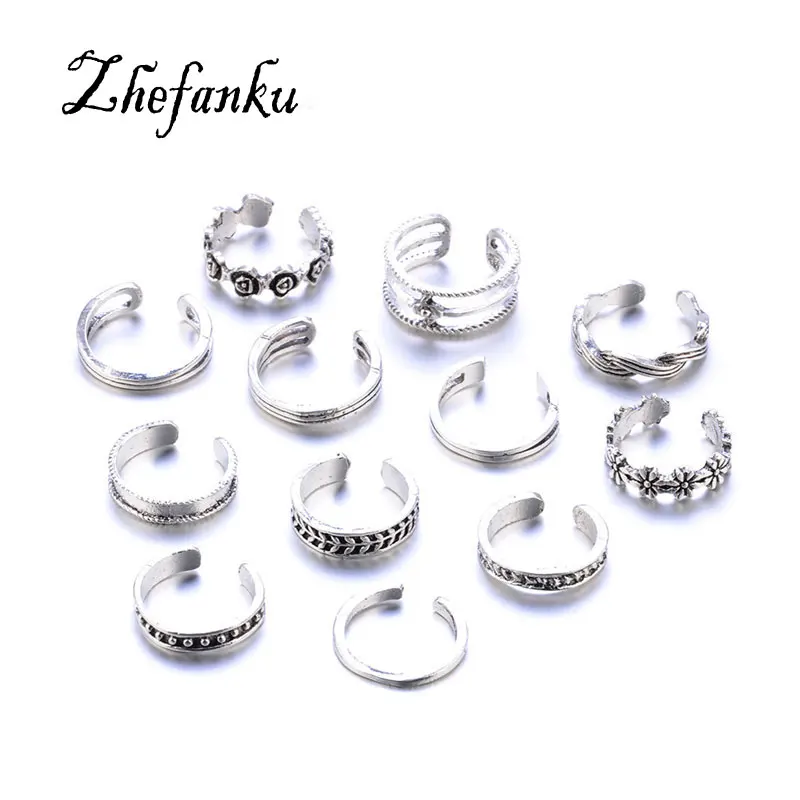 

12Pcs/Set Retro Hollow Flower Adjustable Open Toe Rings Finger Foot Jewelry