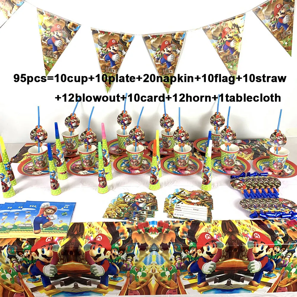

95PCS/LOT Super Mario theme disposable paper plates cup napkins blowout horn Mario Bros party supplies disposable tableware set