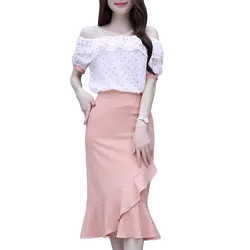 S-2xl 2019, летняя юбка с оборками и топ с вырезом лодочкой, Женский комплект 2 шт., с открытыми плечами, с короткими рукавами, комплект