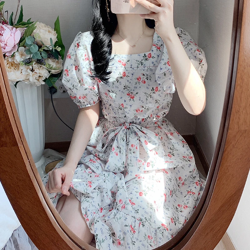 

Princess Puff Sleeve Dress Colorful Flower Print a Line Dress Belt Square Neck Robe Femme Vestido Mujer Vestiti Donna