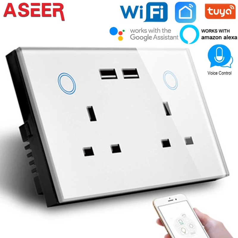 ASEER UK двойной usb wifi розетка 13A, сенсорное стекло wifi розетка, wifi настенная розетка с usb разъемом, совместимая alexa, google assistant