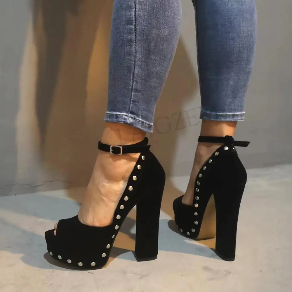 LAIGZEM STYLISH Women Sandals Faux Suede Chunky Sandals Studded Black PARTY Ladies Handmade Shoes for Woman Big Size 34-47 (5)