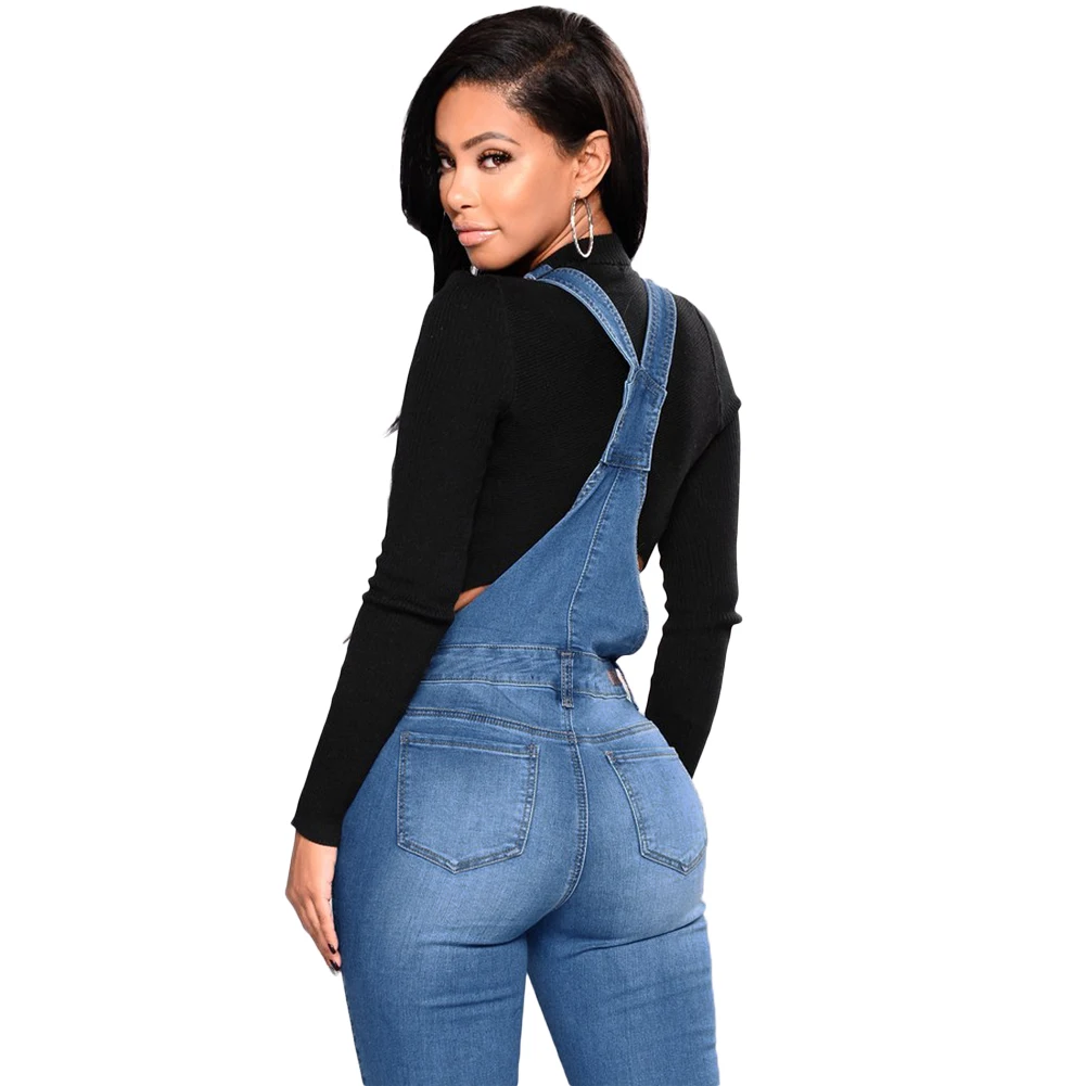 Women Denim Overalls Ripped Stretch Dungarees High Waist Long Jeans Pencil Pants Rompers 2018 New Jumpsuit Blue Jeans Jumpsuits