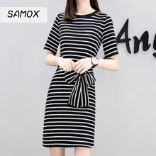 JSMY 2019 New Summer Striped T-shirt Dress Female Short-sleeved Slim Bottoming Waist Tie Bow Simple Dress JSMY 2019 New Summer Striped T-shirt Dress Female Short-sleeved Slim Bottoming Waist Tie Bow Simple Dress