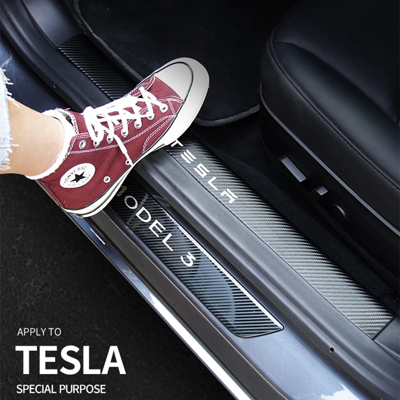 

4Pcs Carbon Fiber Car Door Sill Protector Welcome Pedal Anti-scratch Protective Repair Film Sticker For Tesla Model 3