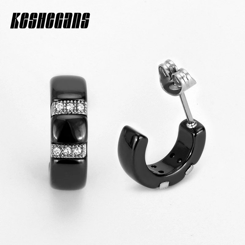 

New Cubic Zirconia Stud Earrings Bending Radian Black White Ceramic Fashion Party For Women Girl Female Jewelry Wedding Gift
