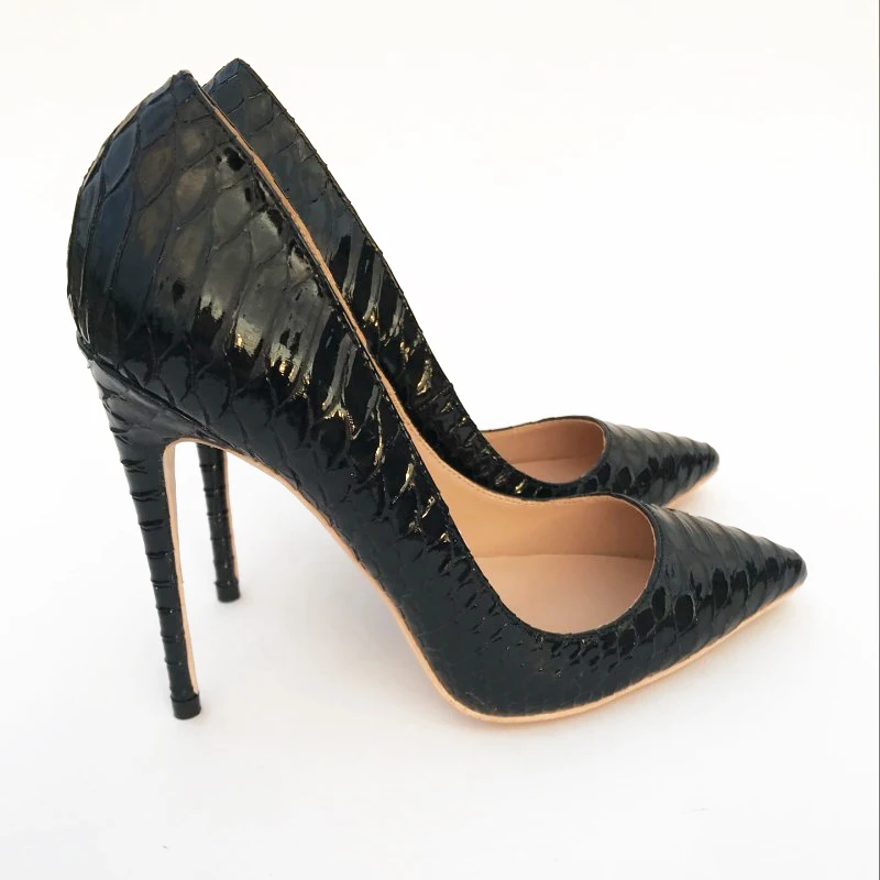 Женская обувь телесного цвета на высоком каблуке-шпильке, с острым носком, из змеиной кожи, черного цвета обувь для торжеств 12 см вечерние туфли