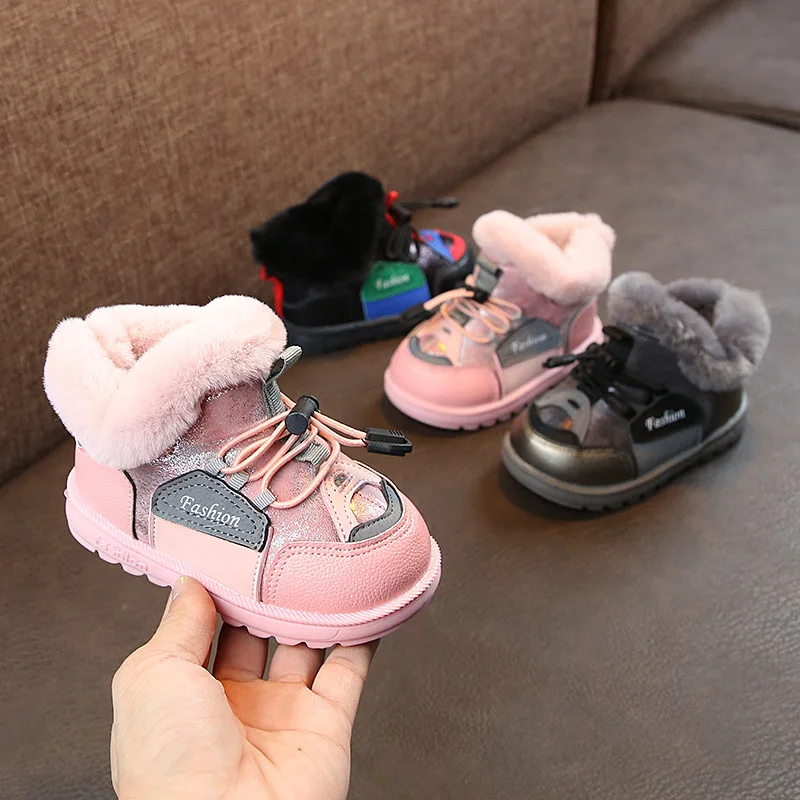 

Scsech New Winter Princess Girls Boots Artificial Leather Splicing Children Snow Boots Soft Bottom Warm Cotton Kids Boots XH06
