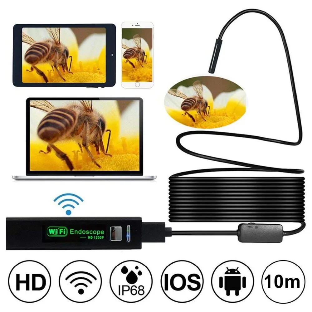 Cámara endoscópica wifi, minicámara HD 1200P, 1-10 m, impermeable, cable resistente, inalámbrica, 8 mm, 8 LED, boroscópica, para Android, PC, iOS