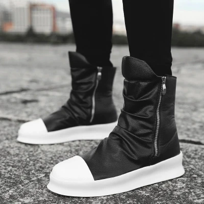 

New Men 6 cm Height Increasing Platform Boots Back Zip Leather Shoes Male Mixed Colors Y3 High Top Black White Men's Boots