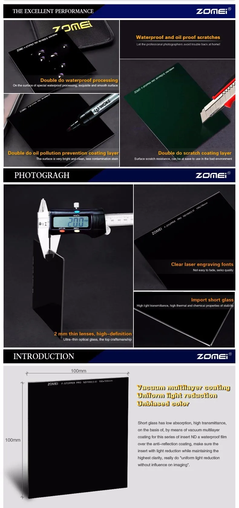 Zomei 100 мм ND1000 квадратный фильтр HD оптическая Стекло 100x100 мм 10-единый набор УФ-фильтров с нейтральной плотностью ND 1000 для Cokin Z Lee Hitech 100 мм держатель