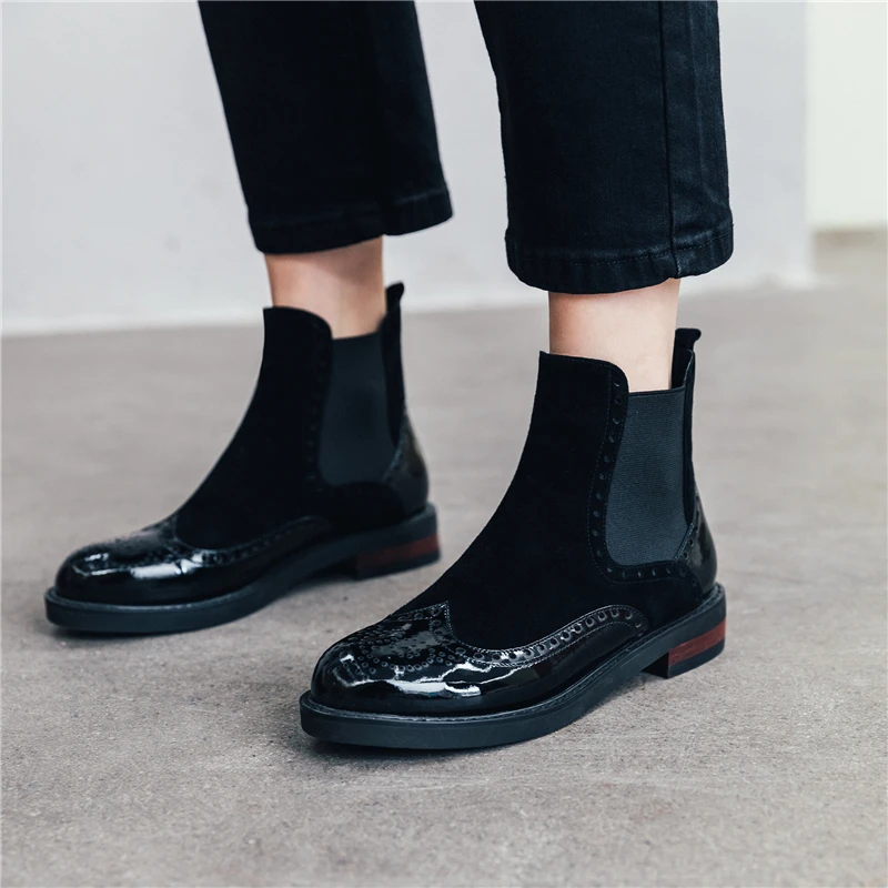 Women Winter cheleas Boots Genuine leather Ankle slipon flat boot woman Short black Boots for women boots