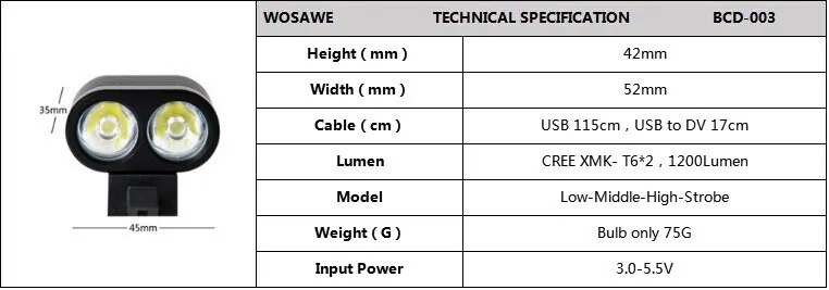 Sale WOSAWE Bike Handlebar Lamp Lights Bicycle Accessories Aluminum Bike Torch Waterproof 1800 Lumen USB Charging 2 LED 200-800m 21