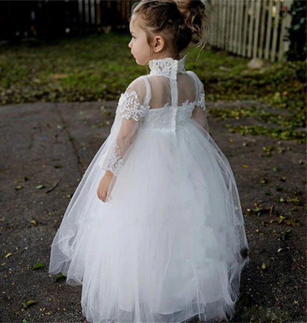 Rustic Country High Neck Long Sleeves Sheer Neck Flower Girl