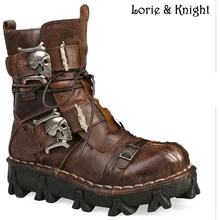 Mode Rindsleder Echtleder Uniform Stiefel Gothic Schädel Punk Martin Plattform Mitte Der wade Stiefel Steampunk Schuhe