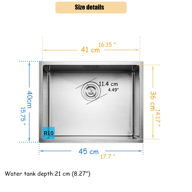 45*40 см Встроенная кухонная раковина из нержавеющей стали с одной чашей ручной работы 17," кухонный резервуар для воды 10 мм Радиус углы матовый