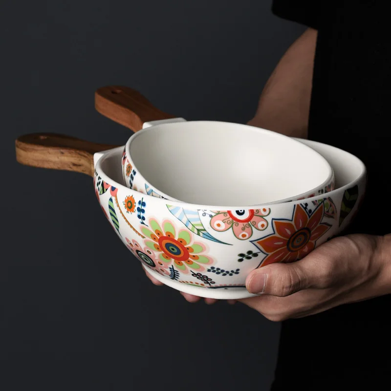 Nordic посуда натуральная деревянная ручка керамическая чаша фруктовый салат чаша ореховый торт десерт закуски тарелки Применить для посудомоечной машины