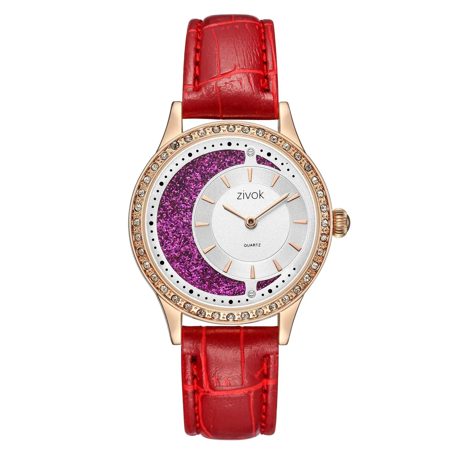 

ZIVOK 2018 Fashion Women Watches Quartz Analog Clock Red Leather Strap Crystal Moon Dial Top Brand Luxury Ladies Wrist Watch
