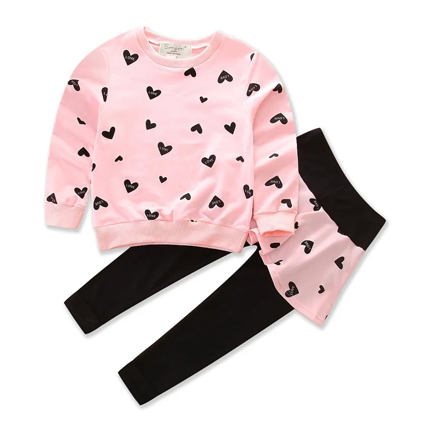 

Children's Clothing Heart Print Girl Princess Long-sleeved Shirt Children's Suit 2PCS For 2-6Y   roupa infantilD20