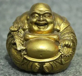 

Folk China Brass Buddhism FengShui RuYi Happy Maitreya Buddha Beads Statue