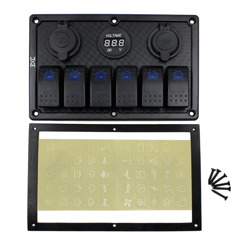  12V 24V Waterproof 6 Gang Blue LED Rocker Switch Panel Toggle Circuit Breaker Dual USB Toggle Contr - 32944164488