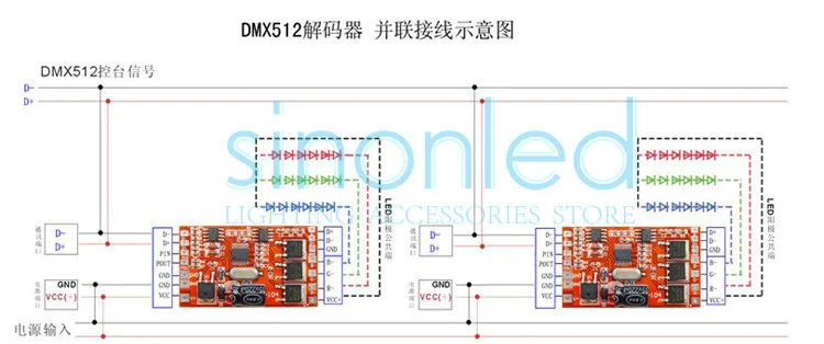 DM-104; 3 канала RGB DMX декодер постоянного напряжения контроллер, max 4A* 3 канала выход, DMX512, DC12-24V вход