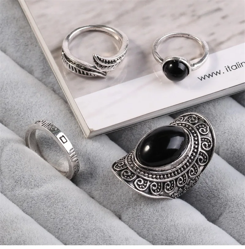 4pcs/set  Fashion Women's Retro Ancient Silver  Palm Hollow Carved black Gem Ring Combination Set Ring Jewelry