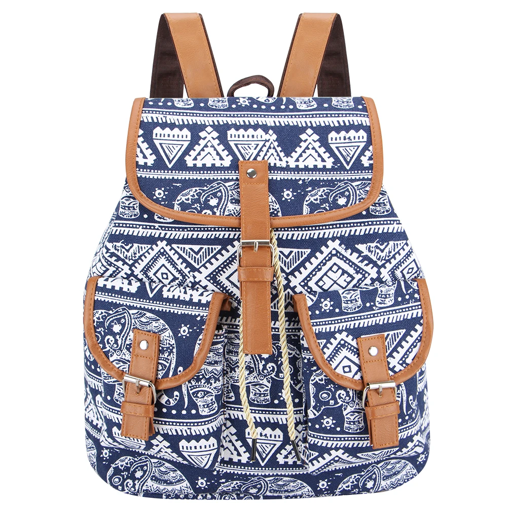 

Sansarya New 2018 Bohemian Blue Elephant Print Canvas Vintage Backpack Women Drawstring Rucksack Bagpack Female School Bag Pack