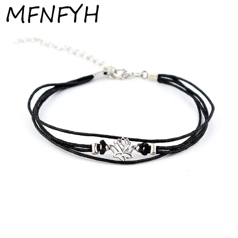 MFNFYH Silver Lotus Flower Ankle Bracelets for Women Men Multi Layer Black Wax Rope Anklet Barefoot Sandals Foot Chain Jewelry | Украшения