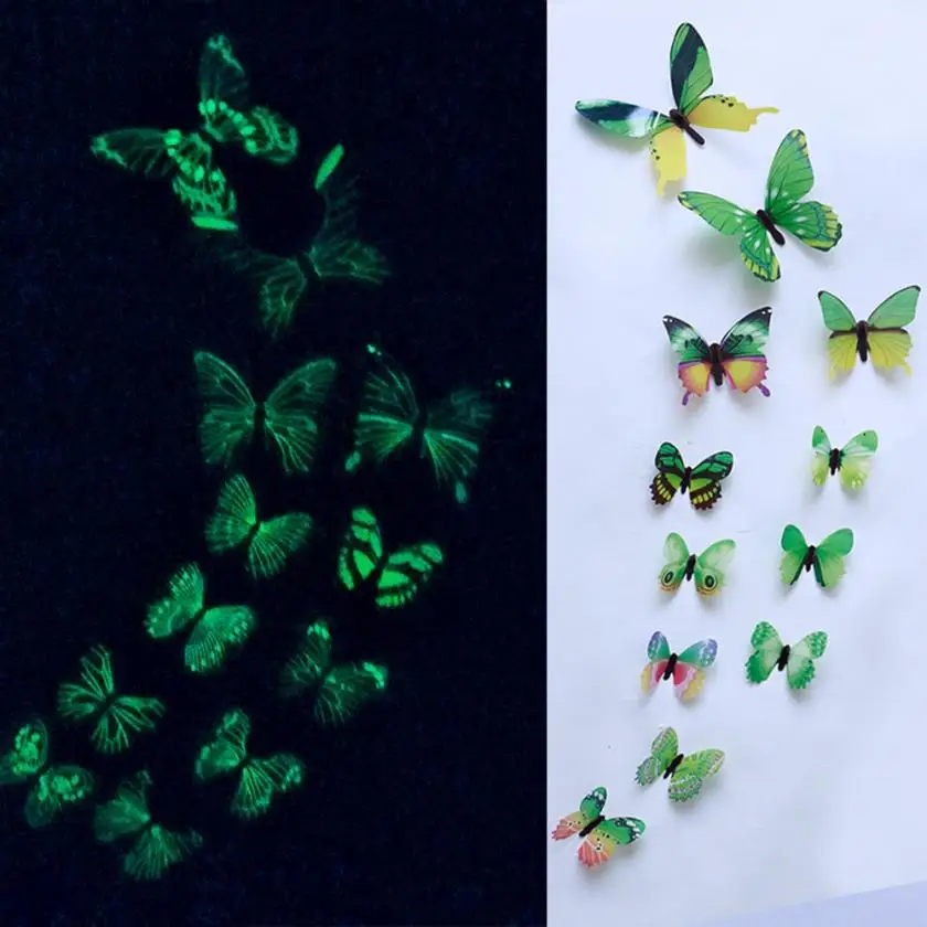 12pcs Luminous glow in dark Butterfly Design Decal Magnetic magnet sticking 3D double feather butterfly fridge stickes 802