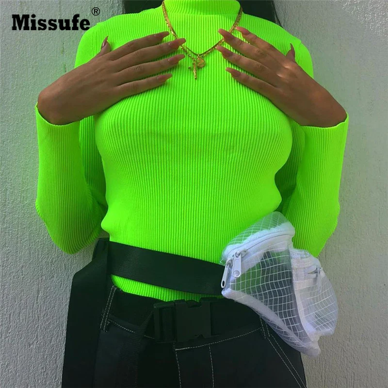 

Missufe 2018 New Women Turtleneck Ribbed Knitted Sweater Feminino Slim Pullover Jumpers Fluorescent Green Warm Sweater Mujer