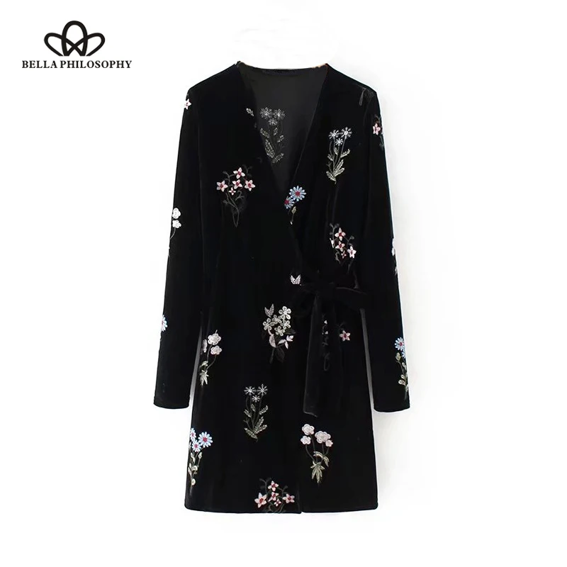 

Bella Philosophy 2018 Women Winter Embroidery Dress Female Long Sleeve Vintage V Neck dress empire loose floral velvet dress