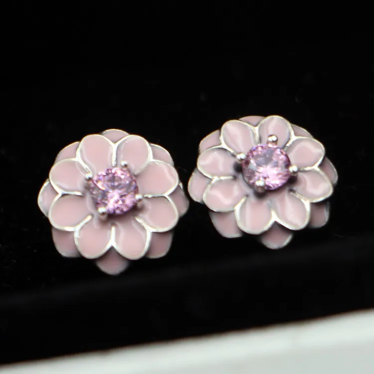 

Authentic 925 Sterling Silver Earring Pink Blooming Dahlia With Crystal Studs Earrings For Women Wedding Gift DIY Jewelry