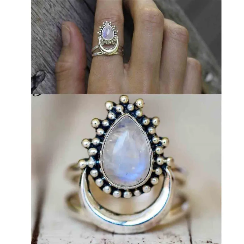 JUNXIN European Style Pear Moonstone Rings For Women Men Antique 925 Silver Filled Boho Teardrop White Opal Ring Female Wedding