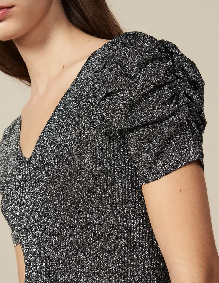 

LUREX KNIT TOP WITH Short PUFF SLEEVES V-neck Grey Fashion Jersey Jumper Woman Short Top Sweater