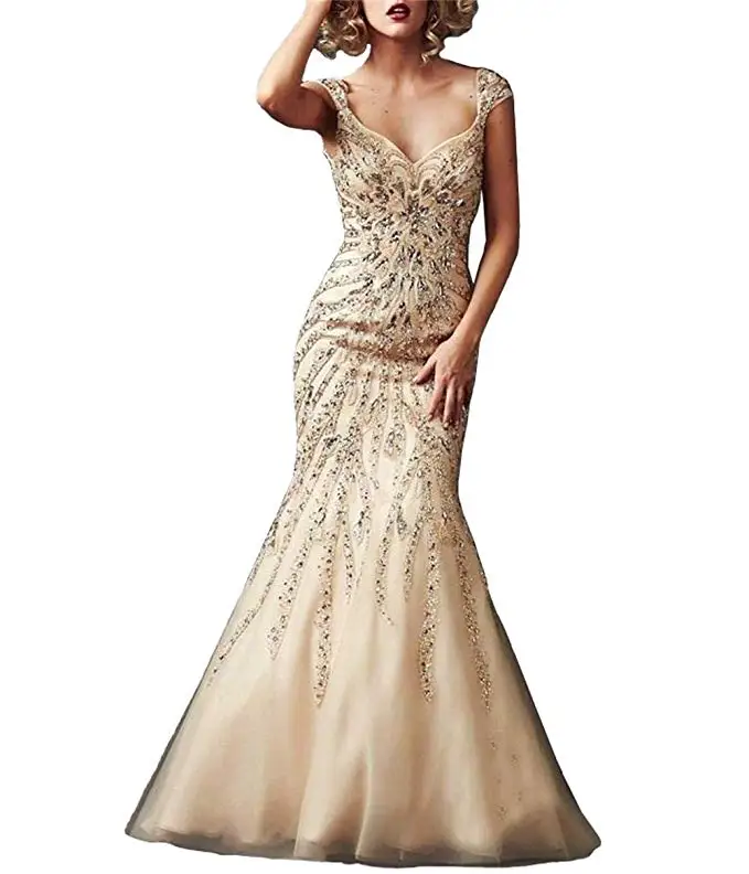 

2019 Rhinestones Sweetheart Capped Sleeves Zipper Mermaid Tulle Prom Dress Vestidos De Festa