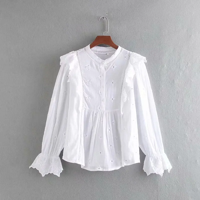 

2019 women fashion hollow out embroidery casual white smock blouse shirts women chic lace patchwork femininas blusas tops LS3832